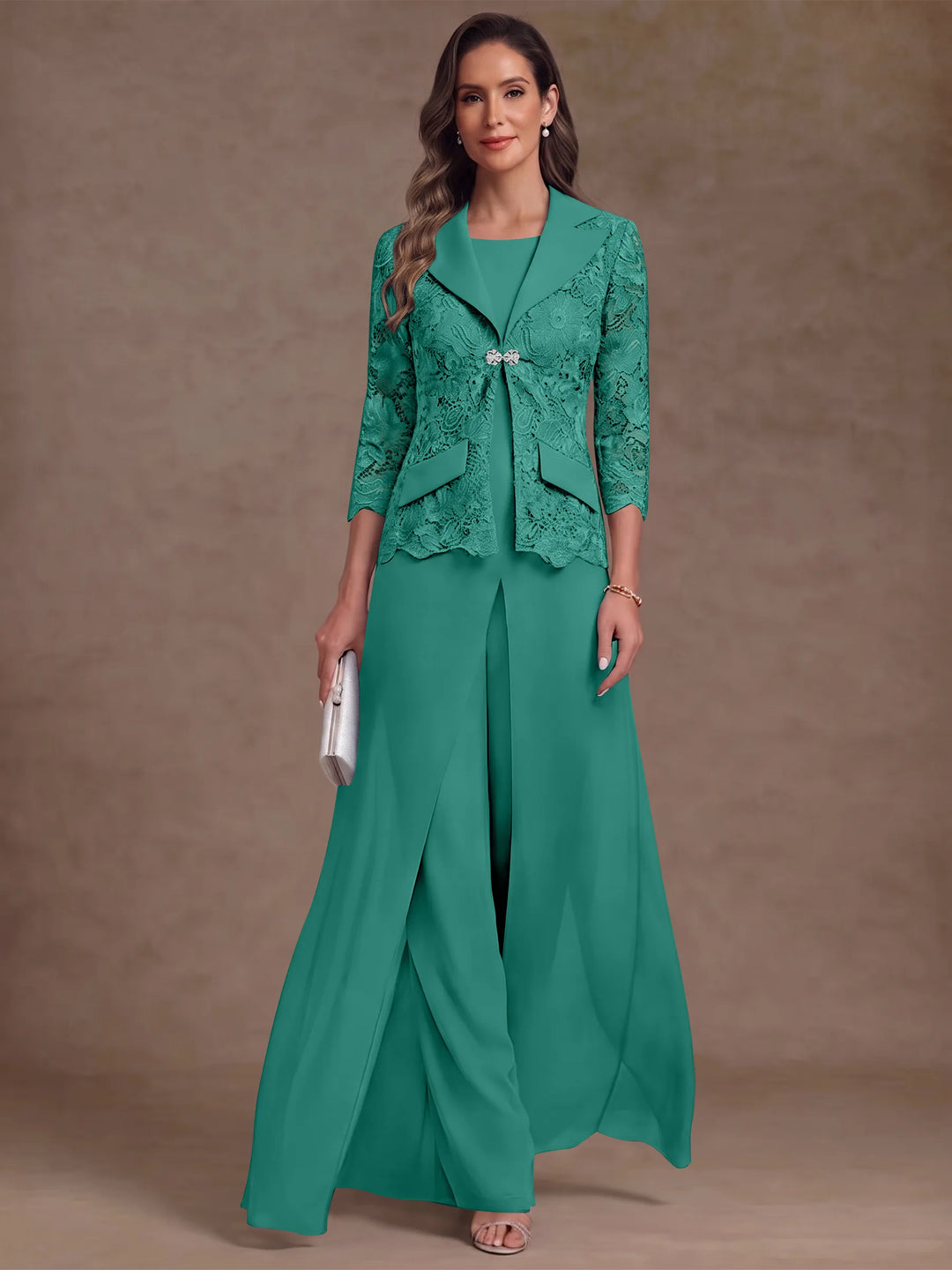 3 Pieces Suit Scoop Chiffon Mother of the Bride Pantsuits with Jacket Overskirt Lace Ankle-Length 3/4 Sleeves