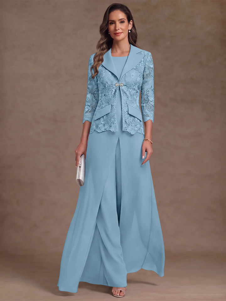 3 Pieces Suit Scoop Chiffon Mother of the Bride Pantsuits with Jacket Overskirt Lace Ankle-Length 3/4 Sleeves