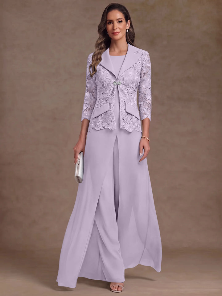 3 Pieces Suit Scoop Chiffon Mother of the Bride Pantsuits with Jacket Overskirt Lace Ankle-Length 3/4 Sleeves
