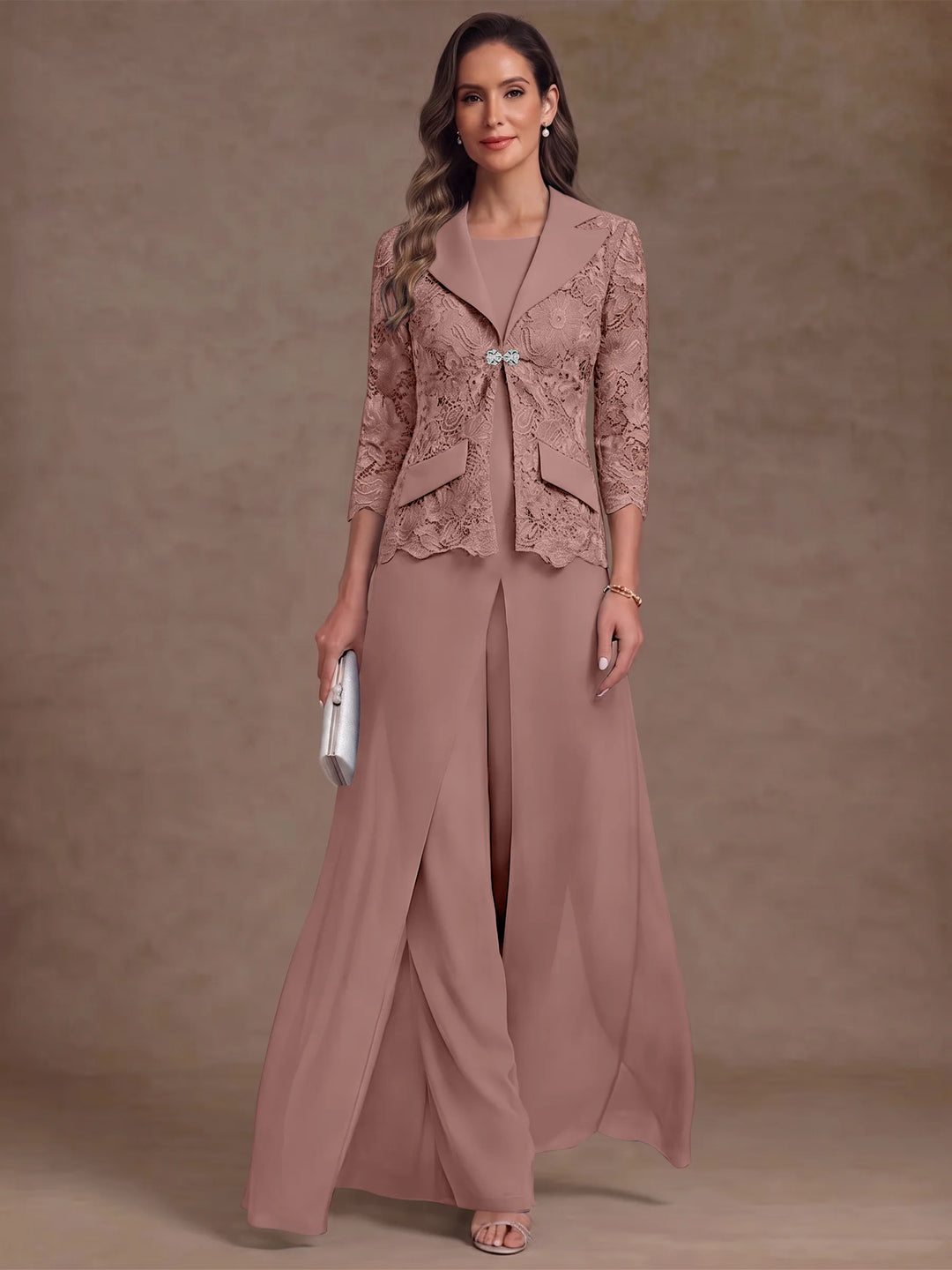 3 Pieces Suit Scoop Chiffon Mother of the Bride Pantsuits with Jacket Overskirt Lace Ankle-Length 3/4 Sleeves