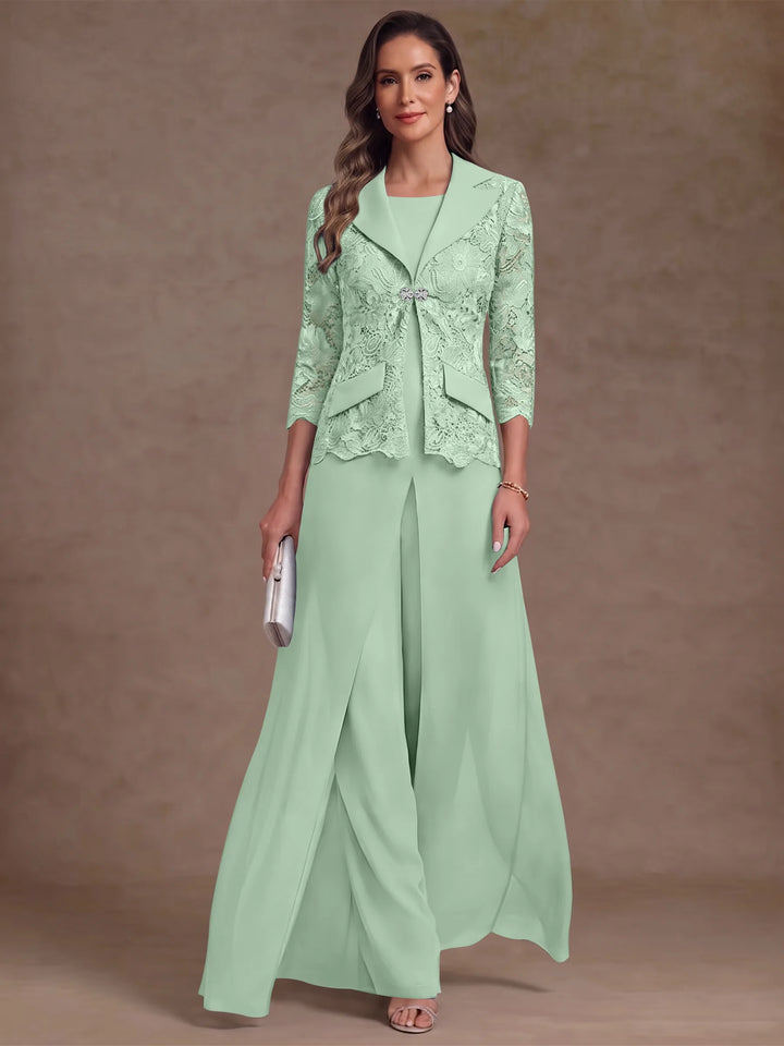 3 Pieces Suit Scoop Chiffon Mother of the Bride Pantsuits with Jacket Overskirt Lace Ankle-Length 3/4 Sleeves
