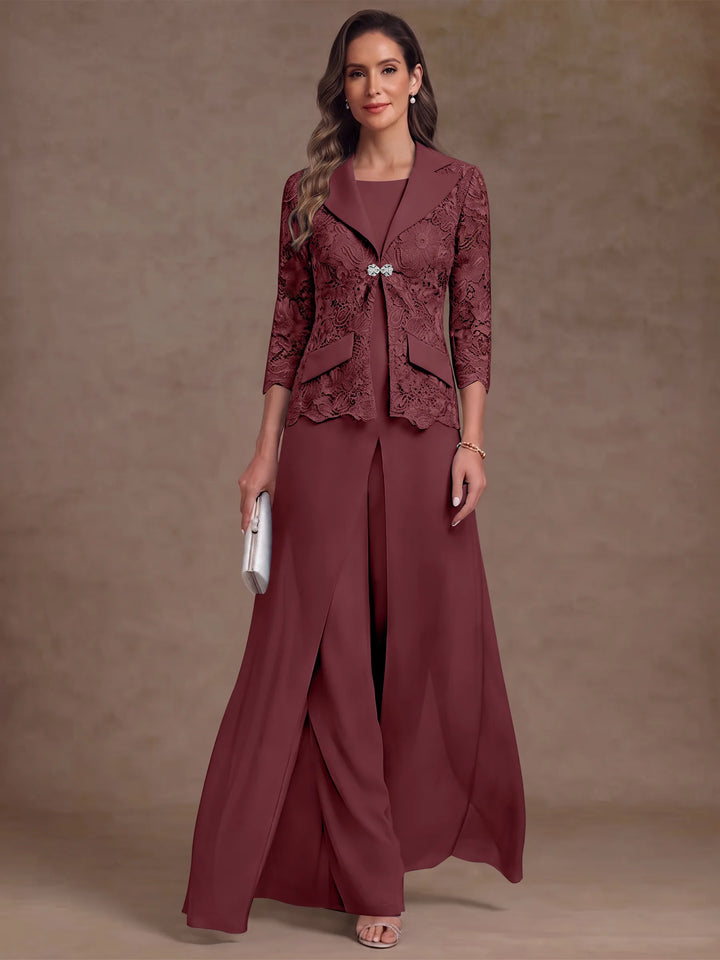 3 Pieces Suit Scoop Chiffon Mother of the Bride Pantsuits with Jacket Overskirt Lace Ankle-Length 3/4 Sleeves