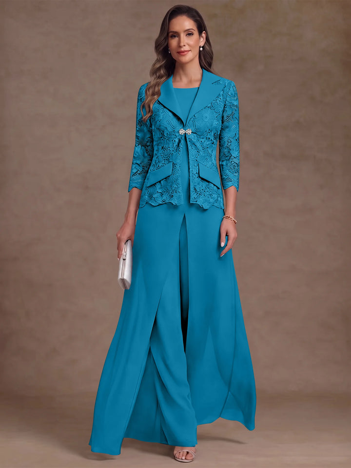 3 Pieces Suit Scoop Chiffon Mother of the Bride Pantsuits with Jacket Overskirt Lace Ankle-Length 3/4 Sleeves