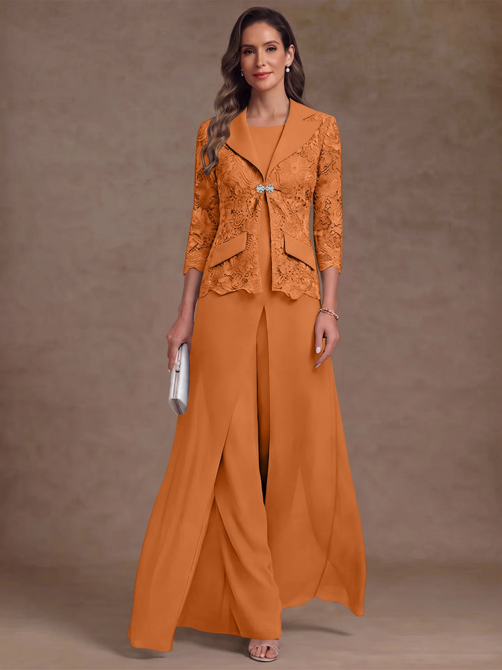 3 Pieces Suit Scoop Chiffon Mother of the Bride Pantsuits with Jacket Overskirt Lace Ankle-Length 3/4 Sleeves