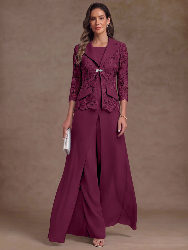 3 Pieces Suit Scoop Chiffon Mother of the Bride Pantsuits with Jacket Overskirt Lace Ankle-Length 3/4 Sleeves
