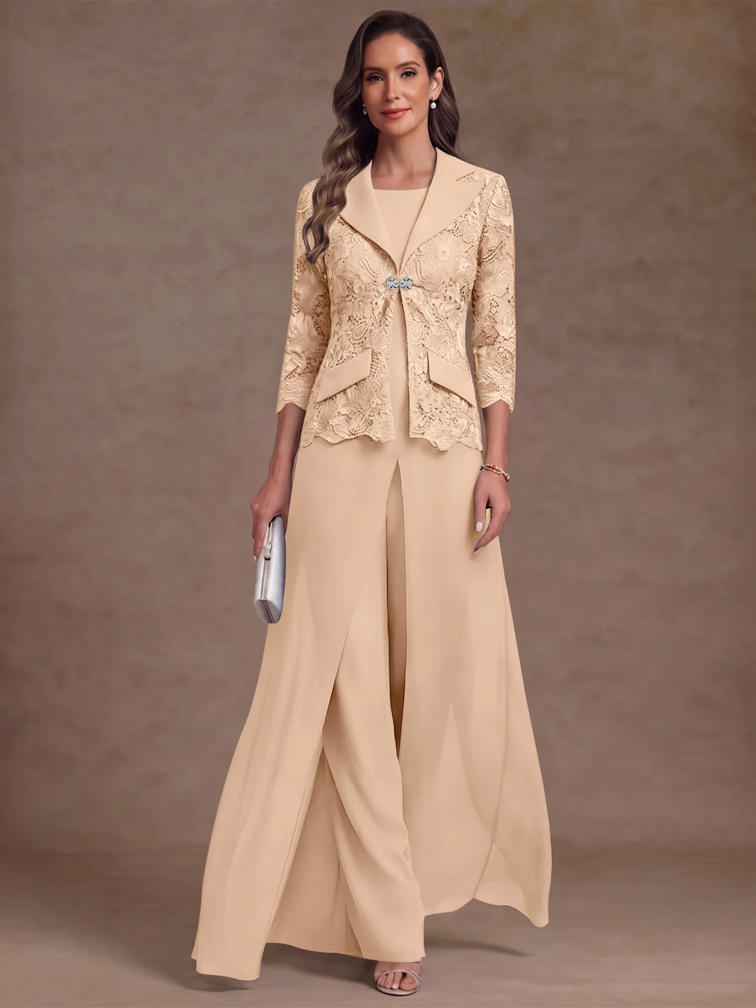 3 Pieces Suit Scoop Chiffon Mother of the Bride Pantsuits with Jacket Overskirt Lace Ankle-Length 3/4 Sleeves
