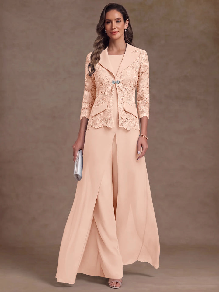3 Pieces Suit Scoop Chiffon Mother of the Bride Pantsuits with Jacket Overskirt Lace Ankle-Length 3/4 Sleeves