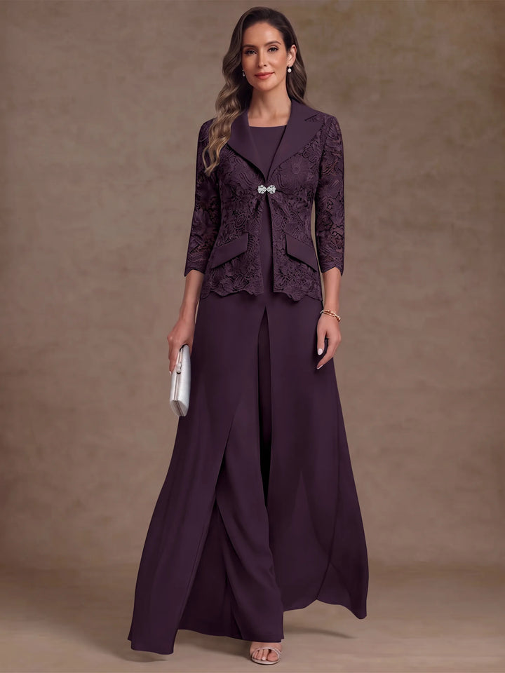 3 Pieces Suit Scoop Chiffon Mother of the Bride Pantsuits with Jacket Overskirt Lace Ankle-Length 3/4 Sleeves