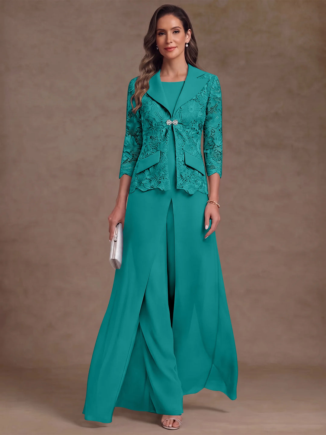 3 Pieces Suit Scoop Chiffon Mother of the Bride Pantsuits with Jacket Overskirt Lace Ankle-Length 3/4 Sleeves