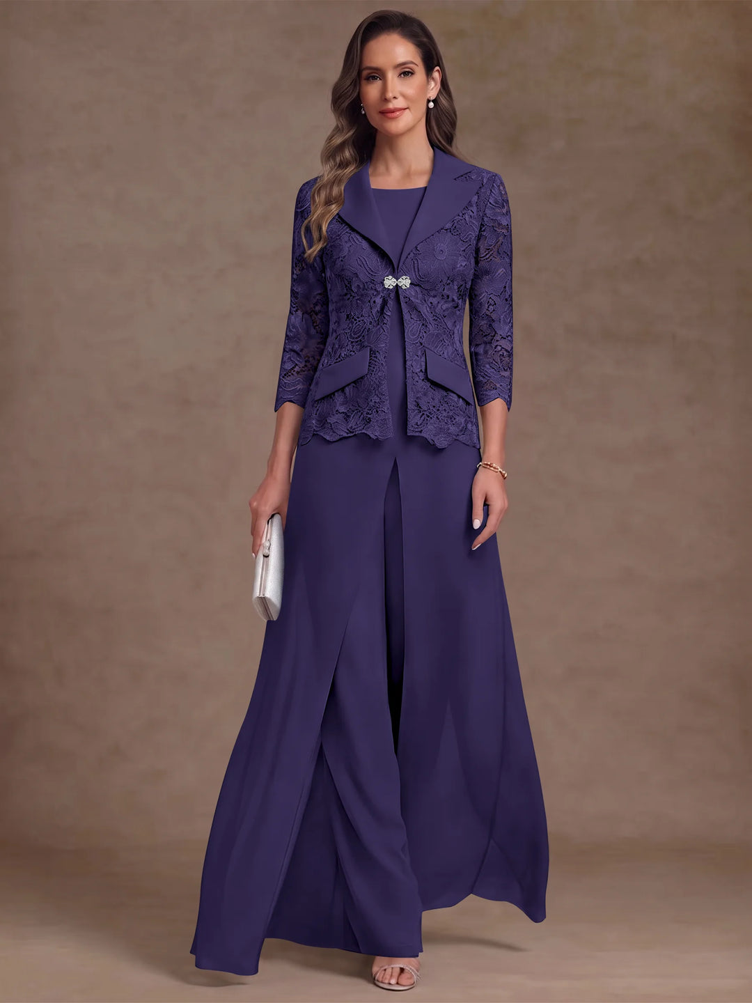 3 Pieces Suit Scoop Chiffon Mother of the Bride Pantsuits with Jacket Overskirt Lace Ankle-Length 3/4 Sleeves