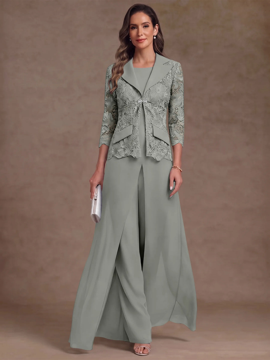 3 Pieces Suit Scoop Chiffon Mother of the Bride Pantsuits with Jacket Overskirt Lace Ankle-Length 3/4 Sleeves