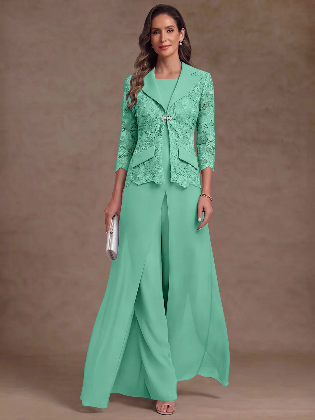 3 Pieces Suit Scoop Chiffon Mother of the Bride Pantsuits with Jacket Overskirt Lace Ankle-Length 3/4 Sleeves