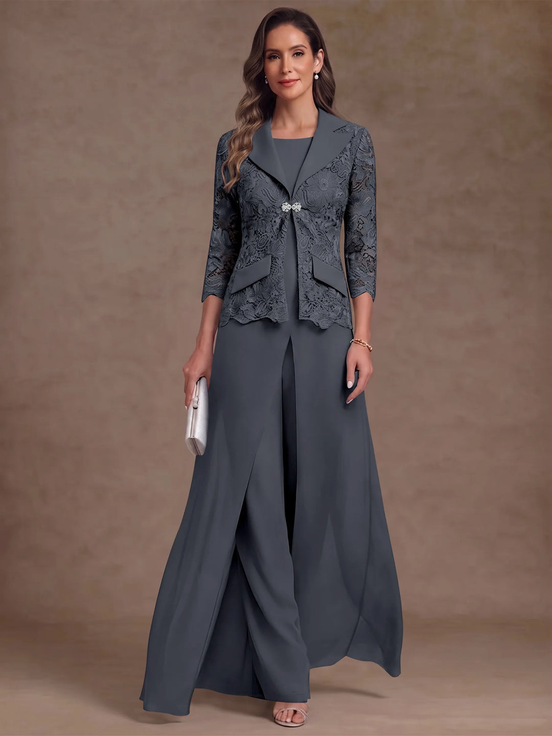 3 Pieces Suit Scoop Chiffon Mother of the Bride Pantsuits with Jacket Overskirt Lace Ankle-Length 3/4 Sleeves