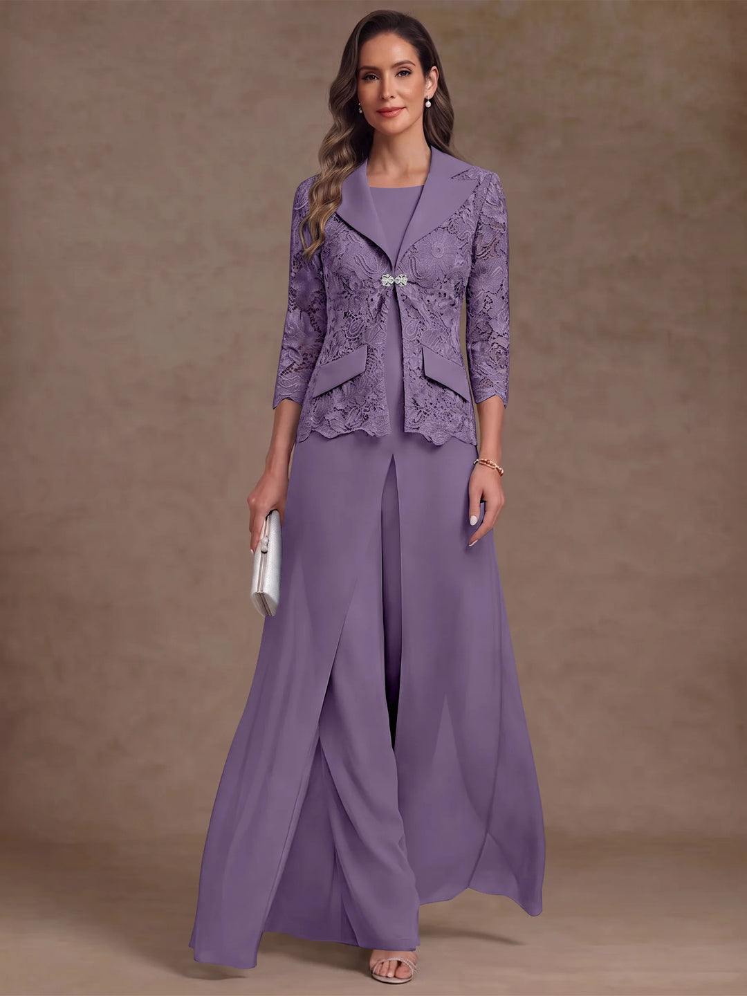 3 Pieces Suit Scoop Chiffon Mother of the Bride Pantsuits with Jacket Overskirt Lace Ankle-Length 3/4 Sleeves