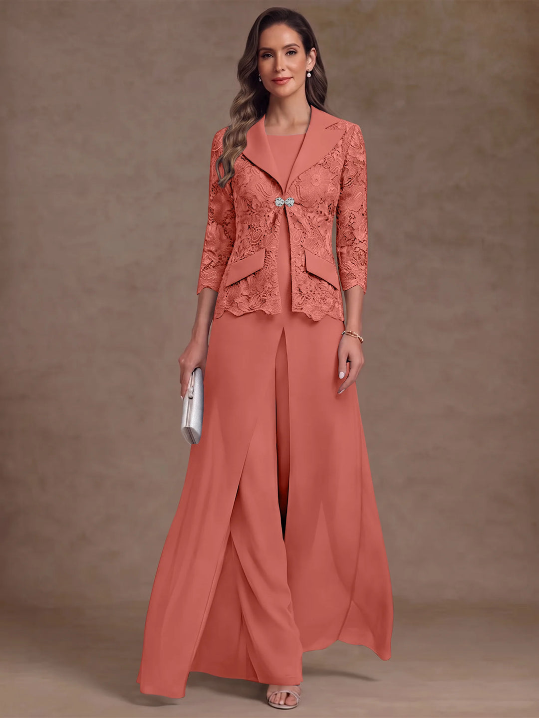 3 Pieces Suit Scoop Chiffon Mother of the Bride Pantsuits with Jacket Overskirt Lace Ankle-Length 3/4 Sleeves