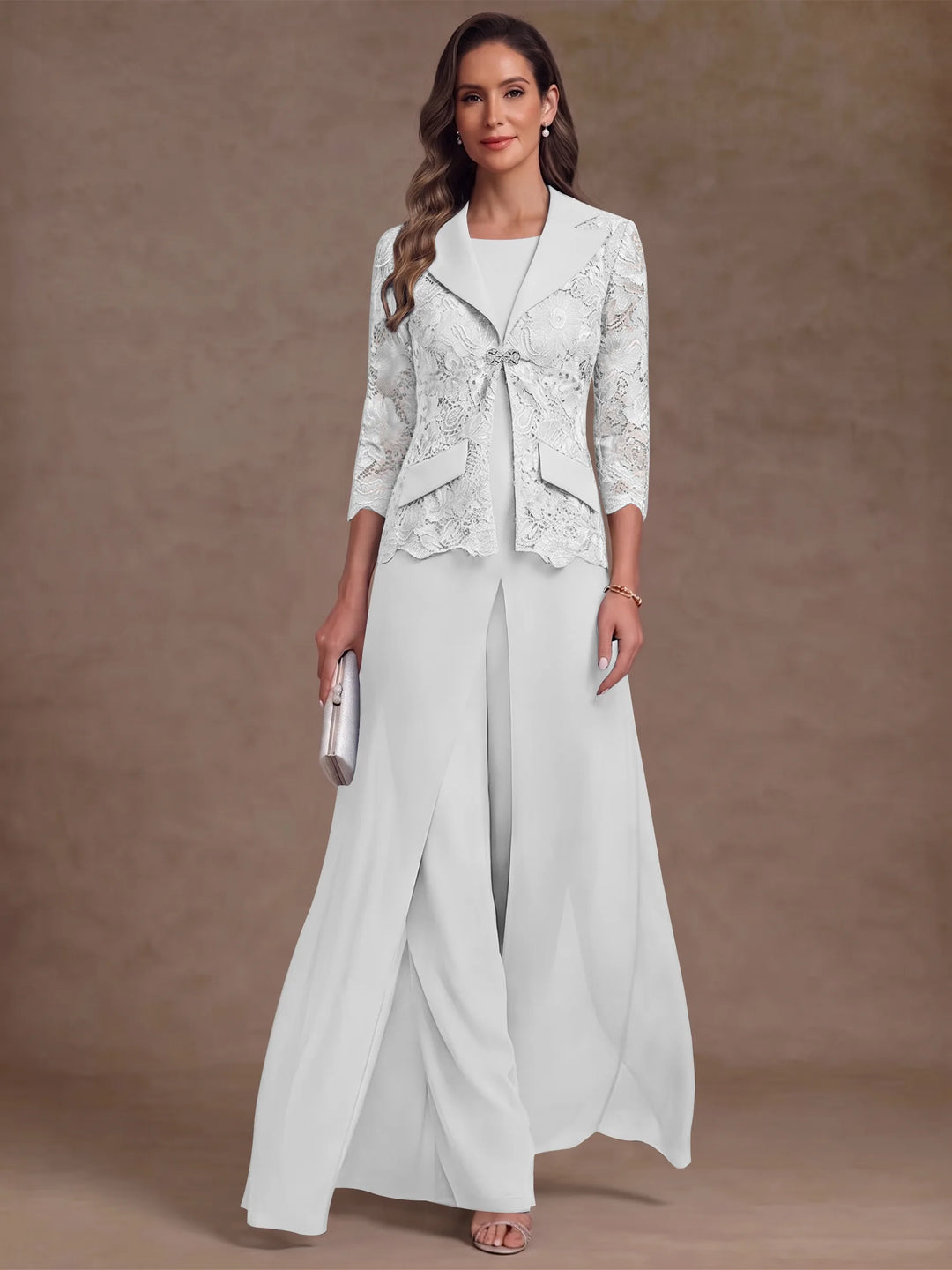 3 Pieces Suit Scoop Chiffon Mother of the Bride Pantsuits with Jacket Overskirt Lace Ankle-Length 3/4 Sleeves