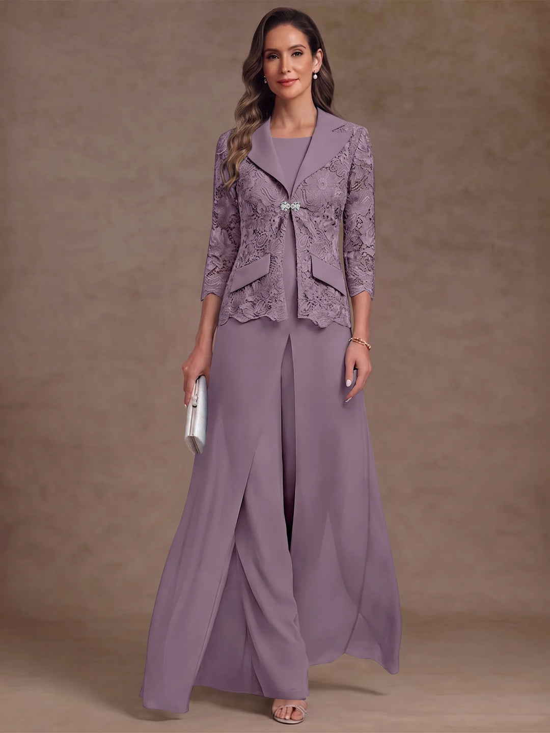 3 Pieces Suit Scoop Chiffon Mother of the Bride Pantsuits with Jacket Overskirt Lace Ankle-Length 3/4 Sleeves