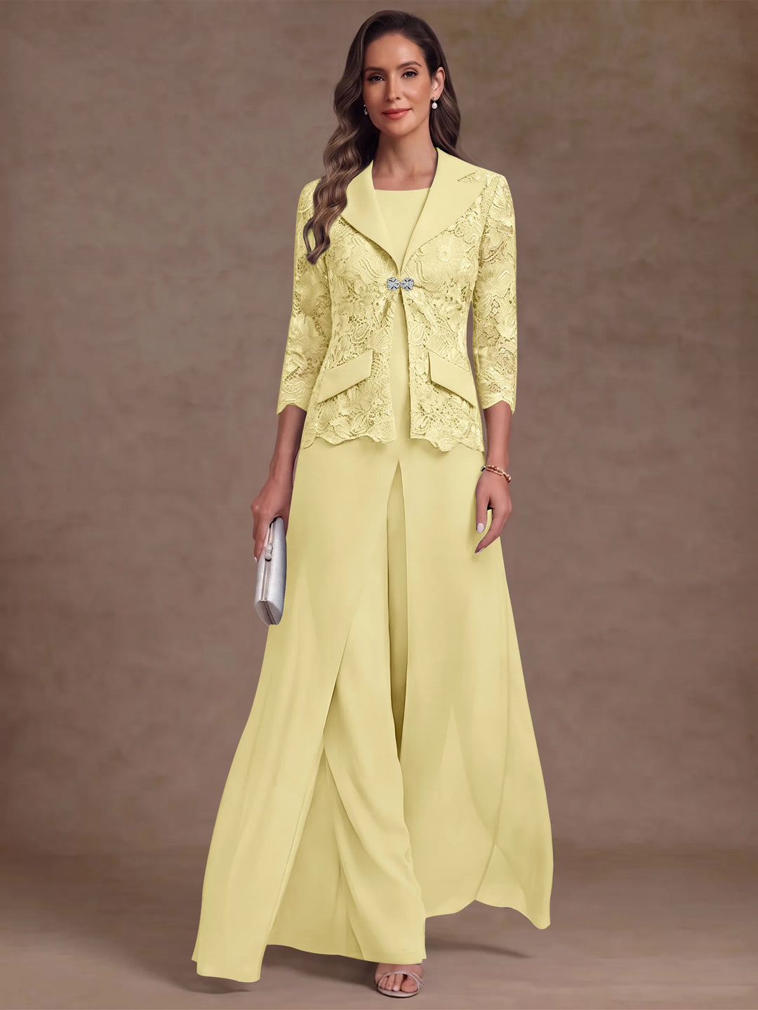 3 Pieces Suit Scoop Chiffon Mother of the Bride Pantsuits with Jacket Overskirt Lace Ankle-Length 3/4 Sleeves
