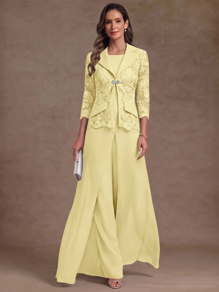 3 Pieces Suit Scoop Chiffon Mother of the Bride Pantsuits with Jacket Overskirt Lace Ankle-Length 3/4 Sleeves