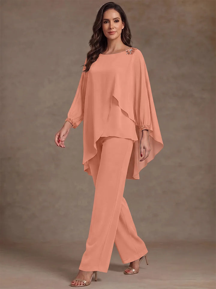 2 Pieces Suit Scoop Chiffon Mother of the Bride Pantsuits Ankle-Length Long Sleeves Ruffles