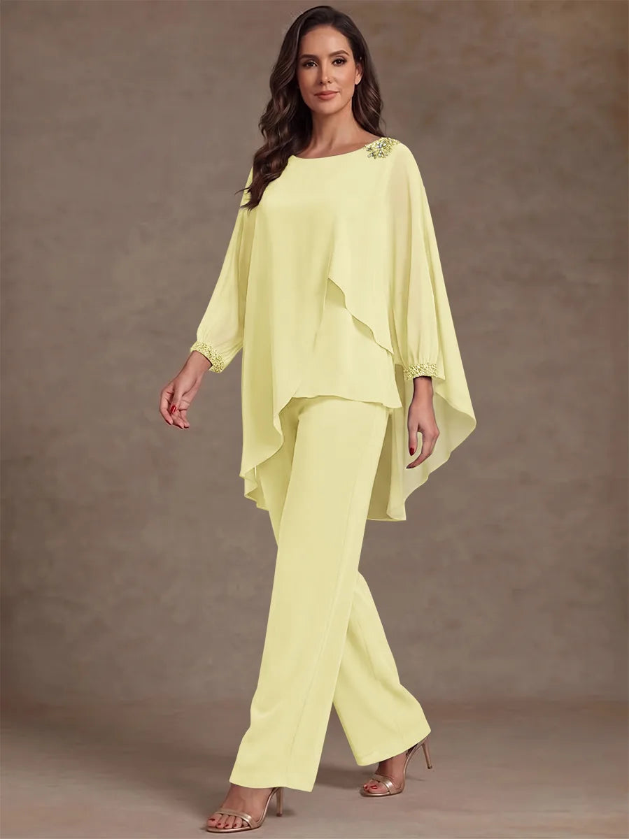 2 Pieces Suit Scoop Chiffon Mother of the Bride Pantsuits Ankle-Length Long Sleeves Ruffles
