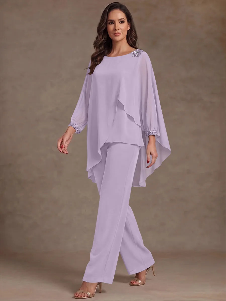 2 Pieces Suit Scoop Chiffon Mother of the Bride Pantsuits Ankle-Length Long Sleeves Ruffles