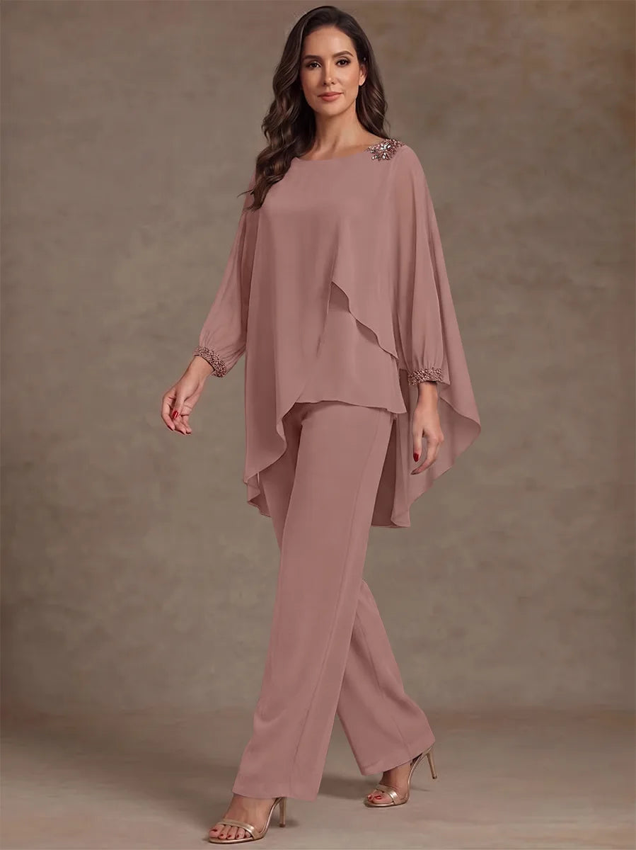 2 Pieces Suit Scoop Chiffon Mother of the Bride Pantsuits Ankle-Length Long Sleeves Ruffles