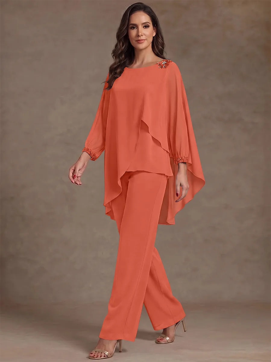 2 Pieces Suit Scoop Chiffon Mother of the Bride Pantsuits Ankle-Length Long Sleeves Ruffles