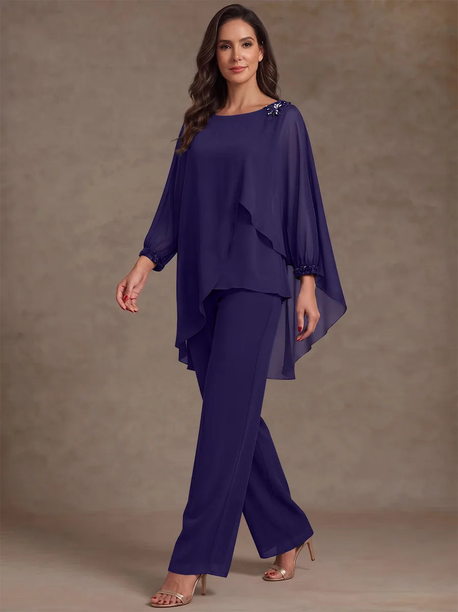 2 Pieces Suit Scoop Chiffon Mother of the Bride Pantsuits Ankle-Length Long Sleeves Ruffles