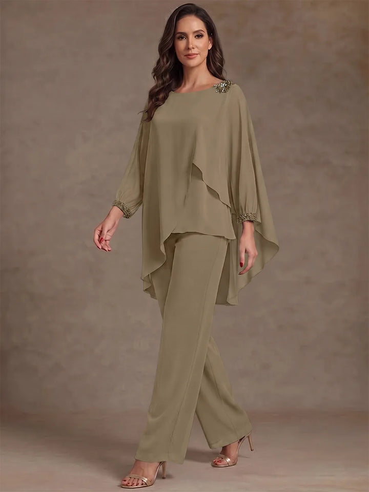 2 Pieces Suit Scoop Chiffon Mother of the Bride Pantsuits Ankle-Length Long Sleeves Ruffles