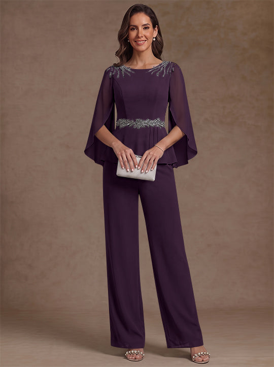 2 Pieces Suit Scoop Chiffon Mother of the Bride Pantsuits Ankle-Length 3/4 Sleeves Beading
