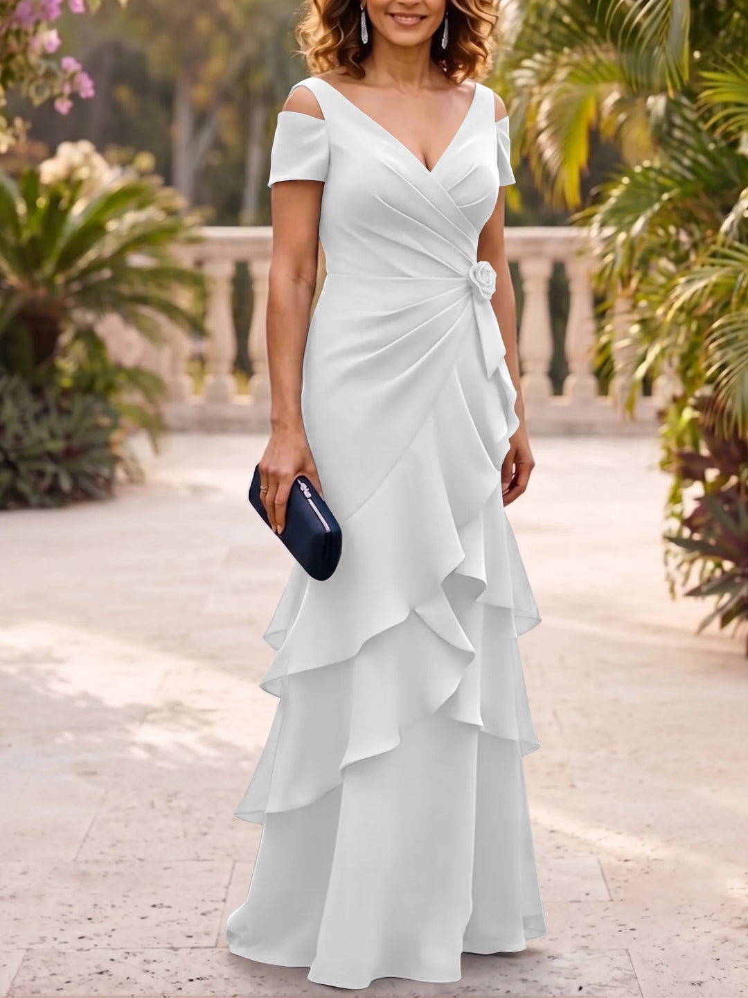 A-Line/Princess V-Neck Chiffon Mother of the Bride Dresses with 3D Flower Floor-Length Ruffles Short Sleeves