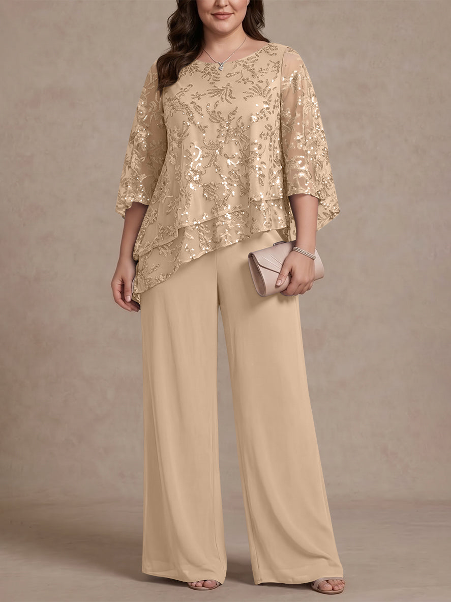 2 Pieces Scoop Chiffon Plus Size Mother of the Bride Pantsuits Floral Sequins Floor-Length 3/4 Sleeves