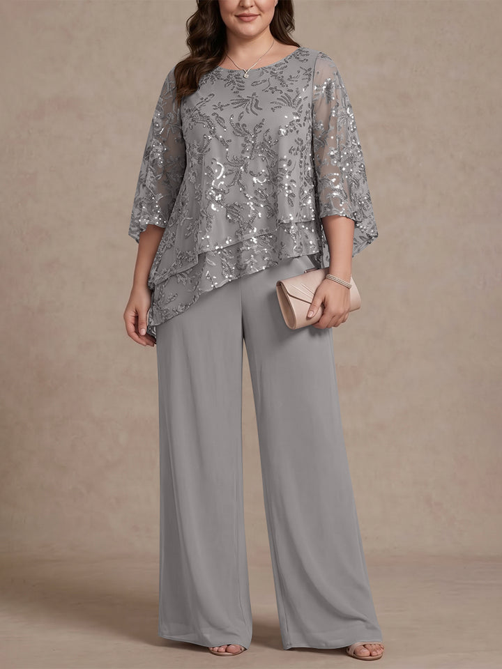 2 Pieces Scoop Chiffon Plus Size Mother of the Bride Pantsuits Floral Sequins Floor-Length 3/4 Sleeves