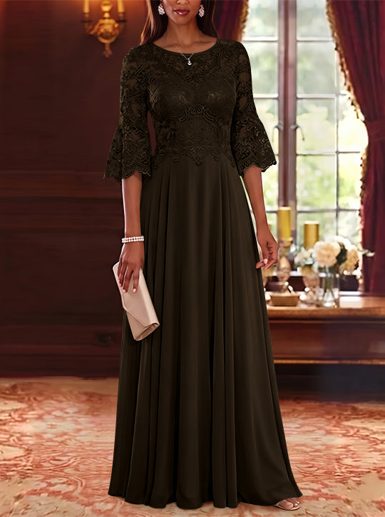 A-Line/Princess Scoop Chiffon Mother of the Bride Dresses Lace Floral Floor-Length 3/4 Sleeves