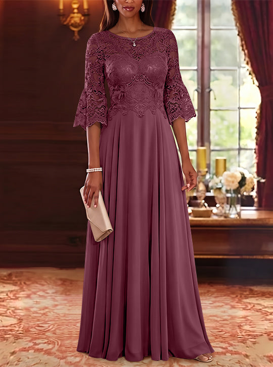 A-Line/Princess Scoop Chiffon Mother of the Bride Dresses Lace Floral Floor-Length 3/4 Sleeves