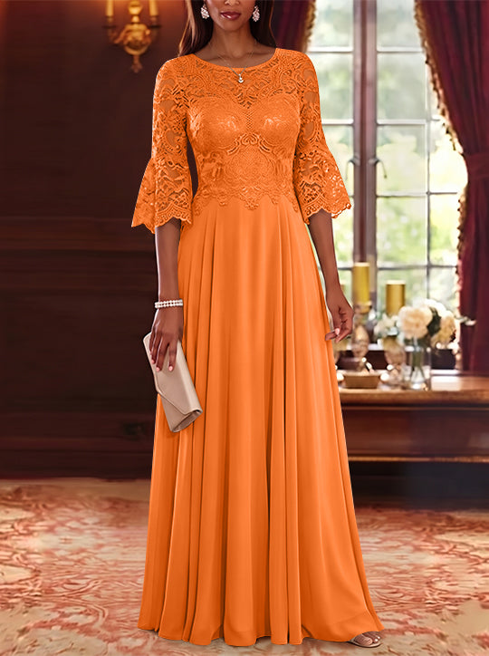 A-Line/Princess Scoop Chiffon Mother of the Bride Dresses Lace Floral Floor-Length 3/4 Sleeves