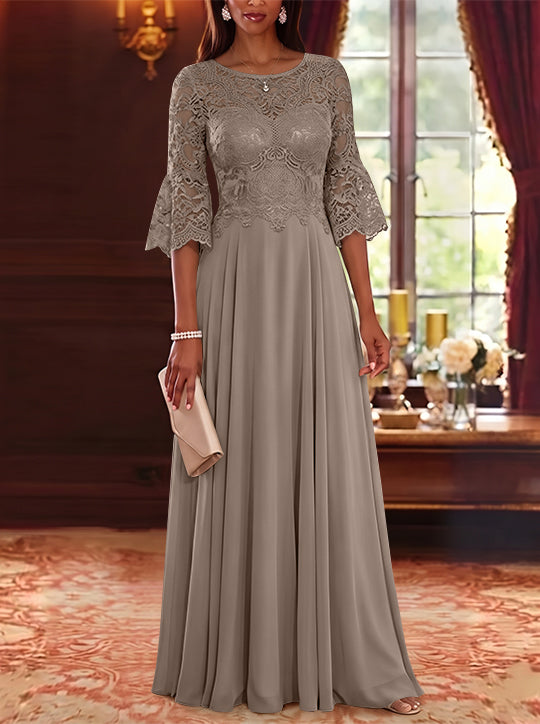 A-Line/Princess Scoop Chiffon Mother of the Bride Dresses Lace Floral Floor-Length 3/4 Sleeves