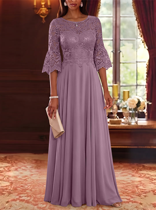 A-Line/Princess Scoop Chiffon Mother of the Bride Dresses Lace Floral Floor-Length 3/4 Sleeves
