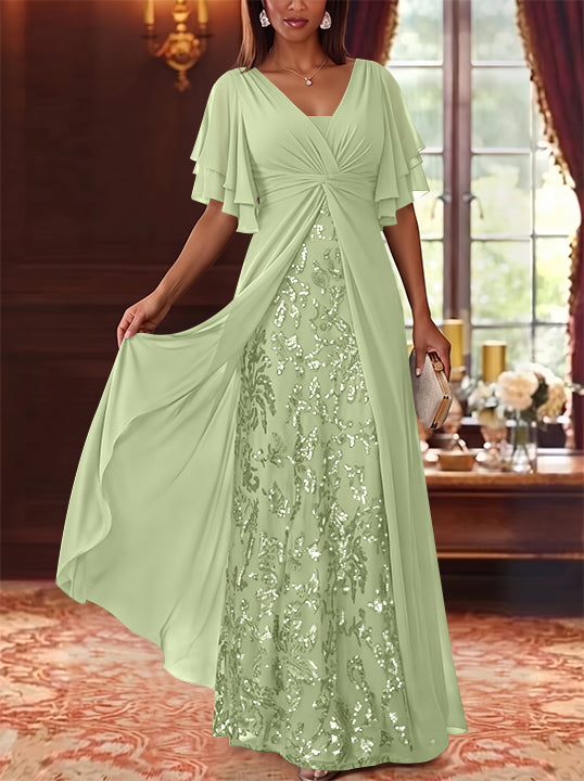 A-Line/Princess V-Neck Chiffon Mother of the Bride Dresses Sequins Floral Floor-Length Short Sleeves
