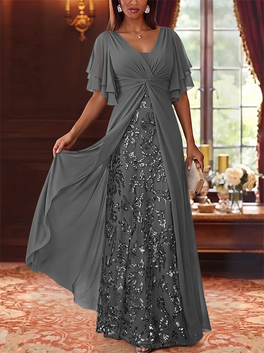 A-Line/Princess V-Neck Chiffon Mother of the Bride Dresses Sequins Floral Floor-Length Short Sleeves