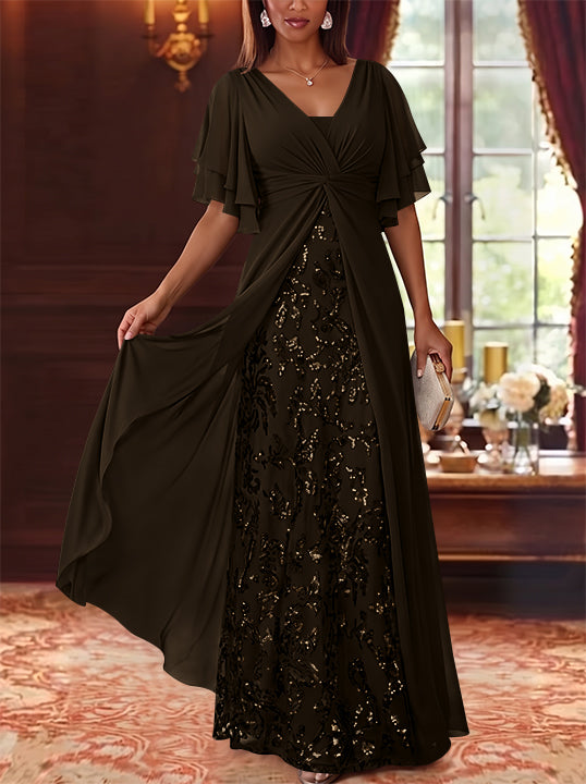 A-Line/Princess V-Neck Chiffon Mother of the Bride Dresses Sequins Floral Floor-Length Short Sleeves