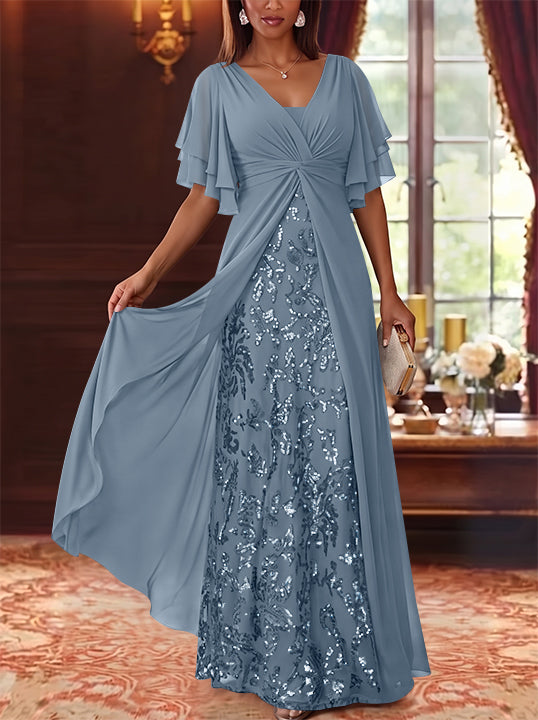 A-Line/Princess V-Neck Chiffon Mother of the Bride Dresses Sequins Floral Floor-Length Short Sleeves