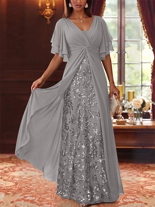 A-Line/Princess V-Neck Chiffon Mother of the Bride Dresses Sequins Floral Floor-Length Short Sleeves