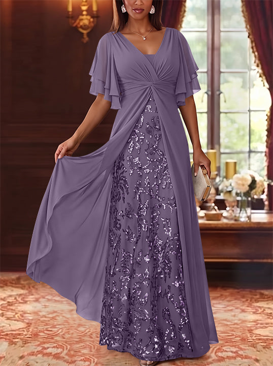 A-Line/Princess V-Neck Chiffon Mother of the Bride Dresses Sequins Floral Floor-Length Short Sleeves