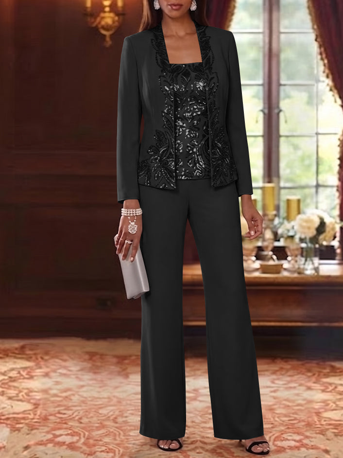 3 Pieces Scoop Chiffon Mother of the Bride Pantsuits Foral Long Sleeves Ankle-Length
