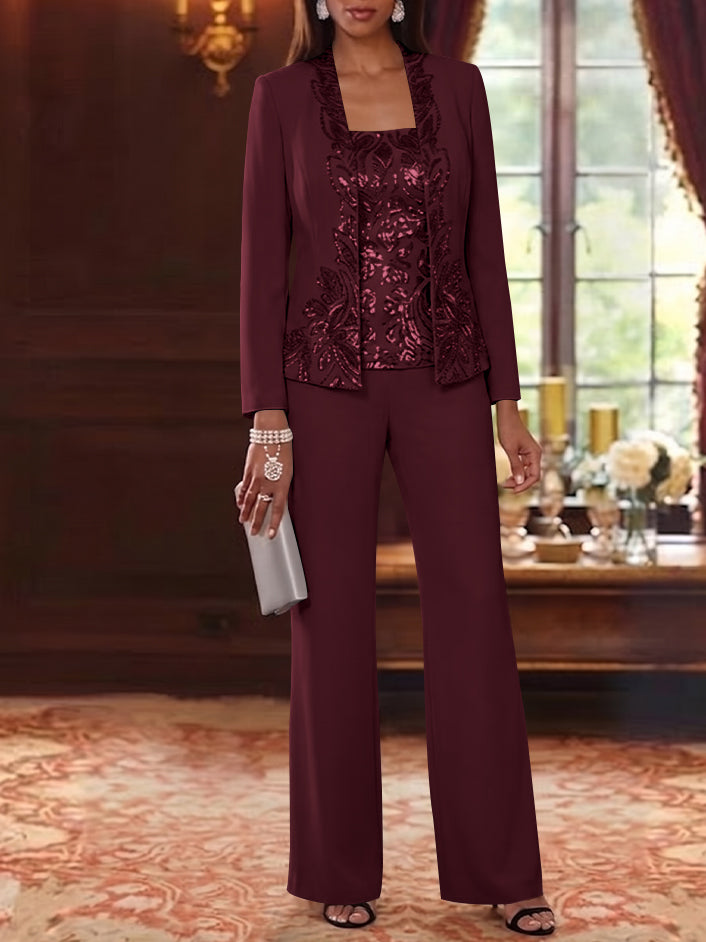 3 Pieces Scoop Chiffon Mother of the Bride Pantsuits Foral Long Sleeves Ankle-Length