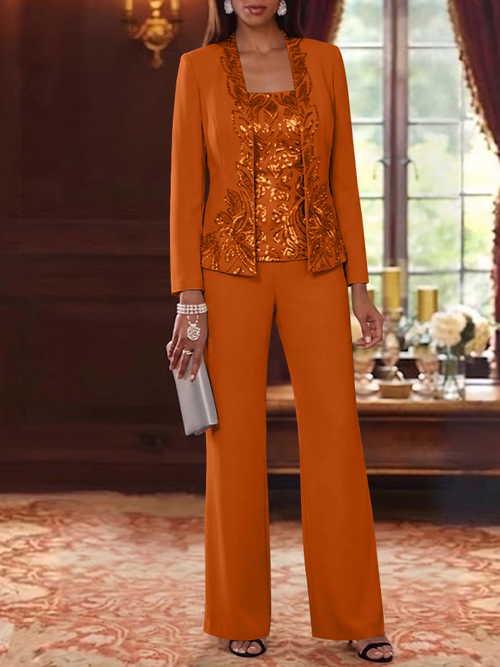3 Pieces Scoop Chiffon Mother of the Bride Pantsuits Foral Long Sleeves Ankle-Length