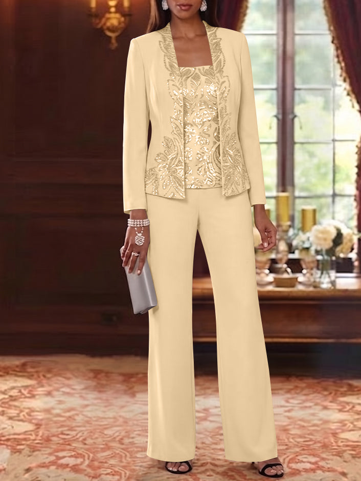 3 Pieces Scoop Chiffon Mother of the Bride Pantsuits Foral Long Sleeves Ankle-Length