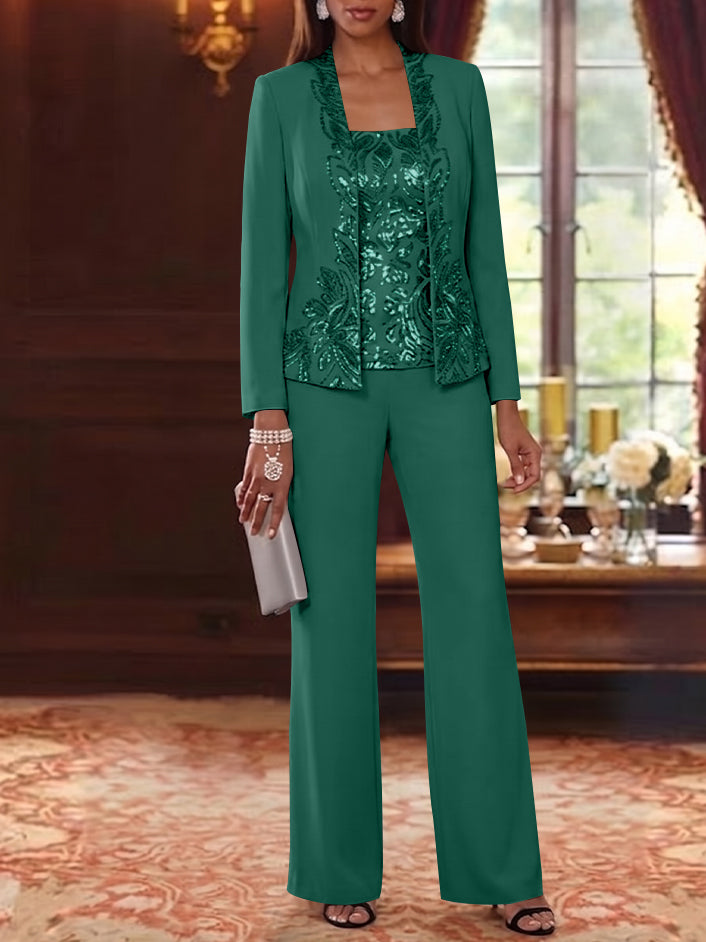 3 Pieces Scoop Chiffon Mother of the Bride Pantsuits Foral Long Sleeves Ankle-Length